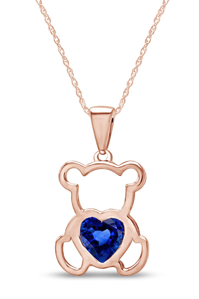 AFFY Teddy Bear Pendant Necklace for Women, 14K Rose Gold Over 925 Sterling Silver with Heart-Shaped Simulated BlueSapphire Cute Love Jewelry Gift with 18" Rope Chain - Image 1